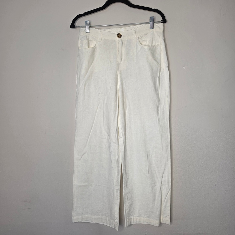 Cloth & Stone Pants Womens 6 White Linen Blend Wide Leg High Rise Vacay Travel